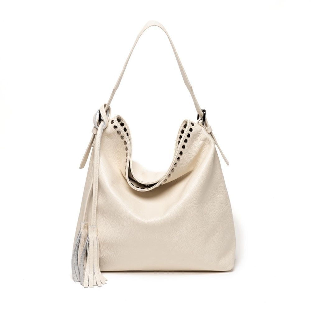 Stunning Laggo “Reed Ivory” Pebbled Leather Studded Hobo Bag